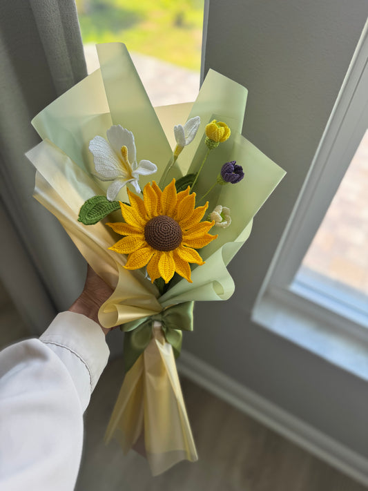 Luxury Fine Yarn Crochet Sunflower Bouquet with White Ginger Lily & Wildflowers – Handmade Forever Flowers
