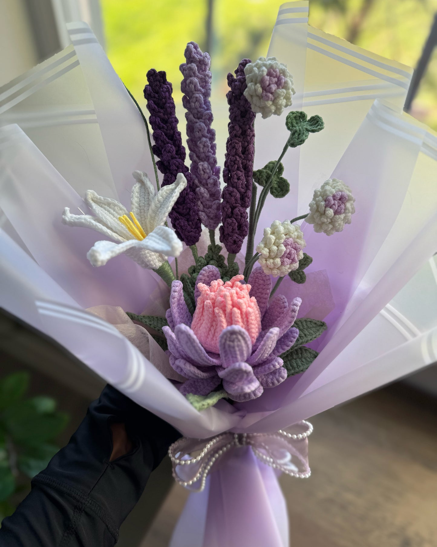 Velvet Moon Protea Bouquet – Lavender Mist & White Rain Blossom