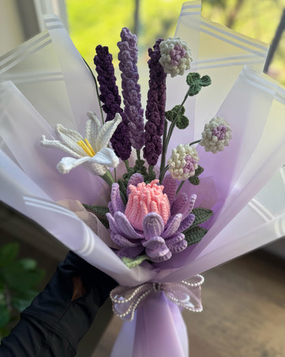 Velvet Moon Protea Bouquet – Lavender Mist & White Rain Blossom
