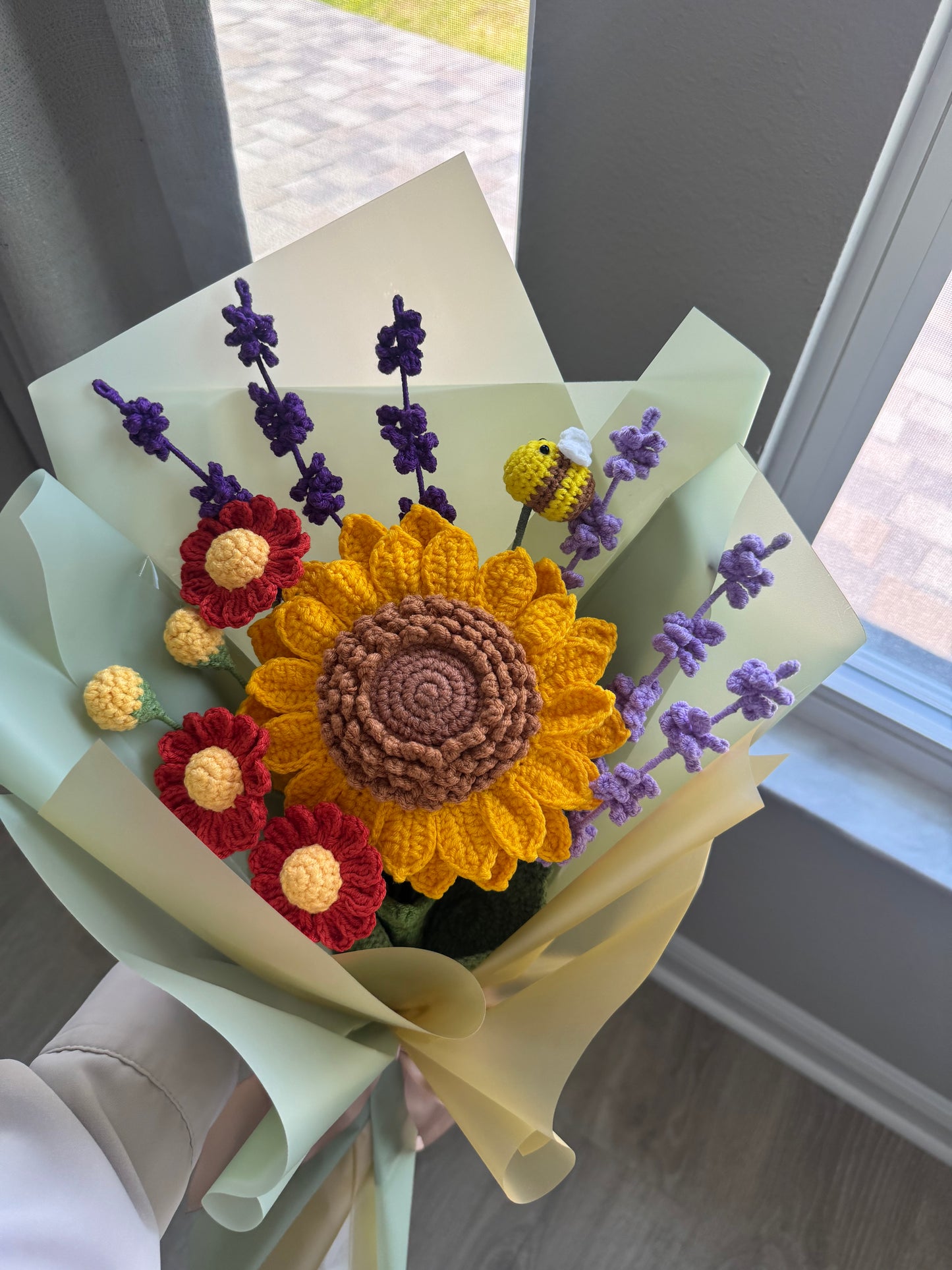 Sunshine Hive Crochet Bouquet – Sunflower, Bee, Lavender & Daisy Arrangement