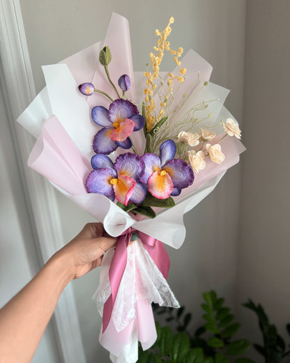 Hand-Painted Crochet Orchid Garden Bouquet – Crochet Flower Arrangement