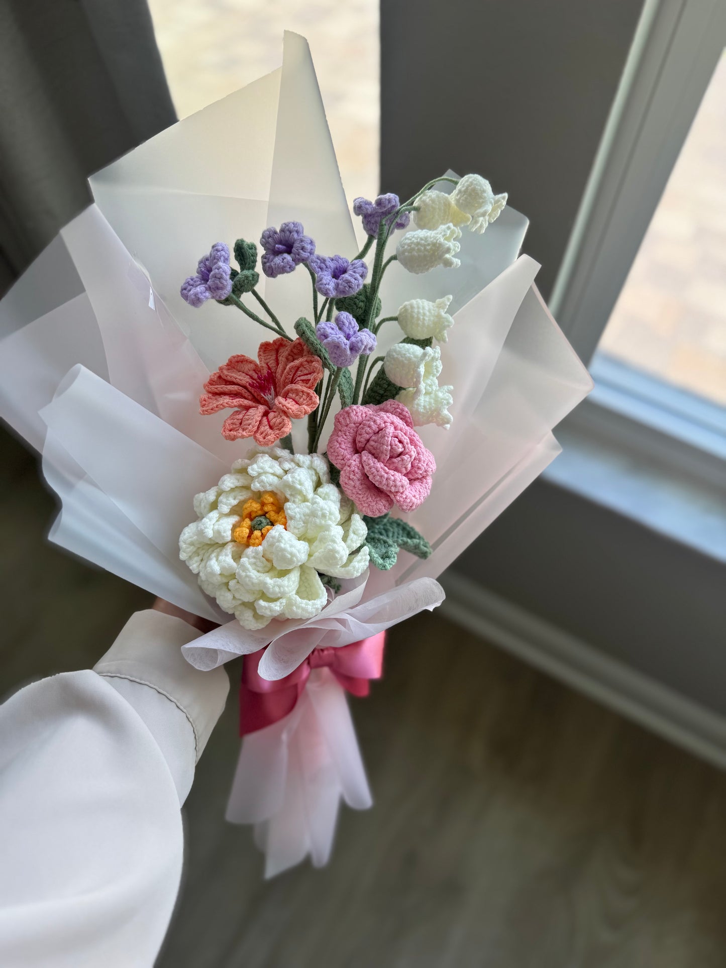 Whispering Meadow Crochet Bouquet – Dahlia, Rose, Lewisia & Wild Garden Blooms