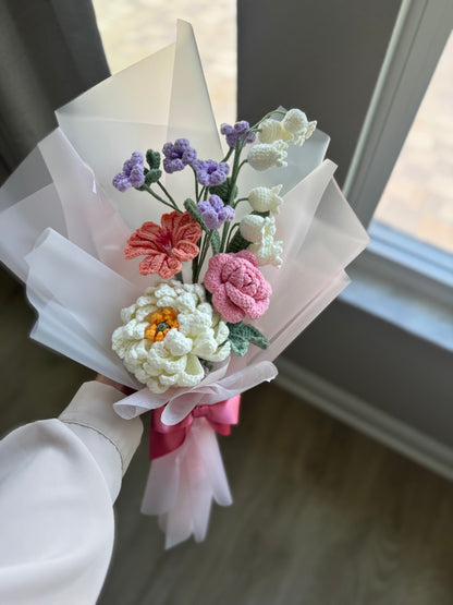 Whispering Meadow Crochet Bouquet – Dahlia, Rose, Lewisia & Wild Garden Blooms