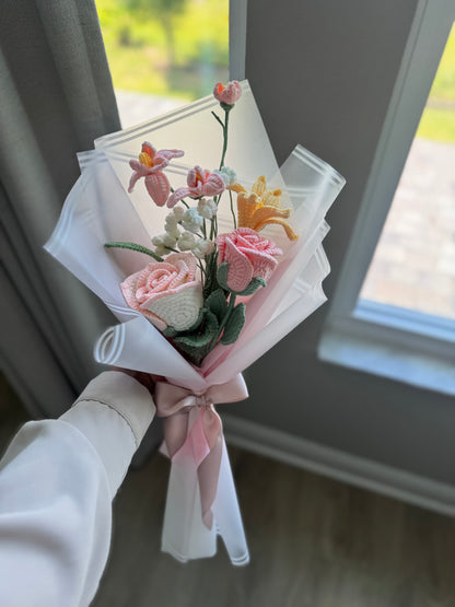 Dreamy Blush Crochet Bouquet – Handmade Pink Roses, Orchid & Wildflower Accents