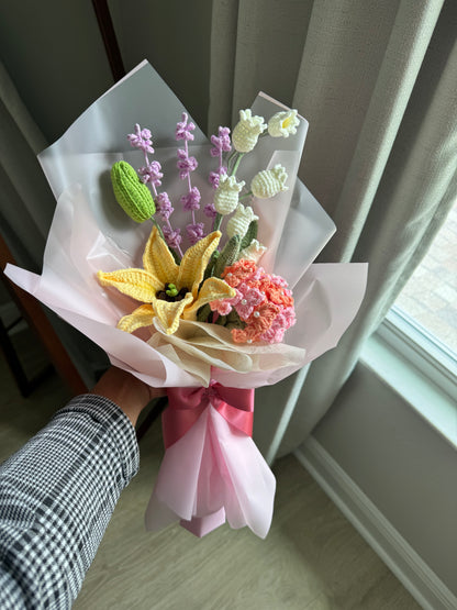 Peach Aurora Crochet Bouquet – Yellow Stargazer Lily, Hydrangea & Soft Lavender Mix
