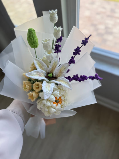 Ethereal Garden Crochet Bouquet – White Stargazer Lily, Dahlia, Lavender & Harebell Arrangement