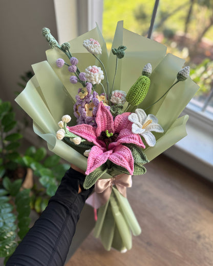 Sage Meadow Twilight Bouquet – Pink Stargazer Lily, Lavender Larkspur & Wild Bloom Grace