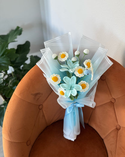 Soft Sky Symphony – Light Blue Daylilies, White Daisies & Crochet Dragonfly