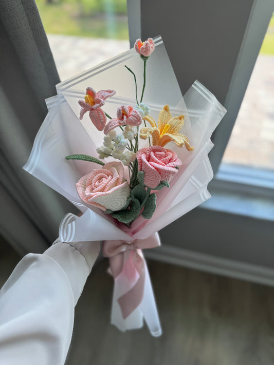 Dreamy Blush Crochet Bouquet – Handmade Pink Roses, Orchid & Wildflower Accents