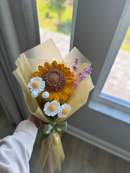Golden Glow Crochet Bouquet – Sunflower, White Daisies & Lavender with Elegant Gold Wrap