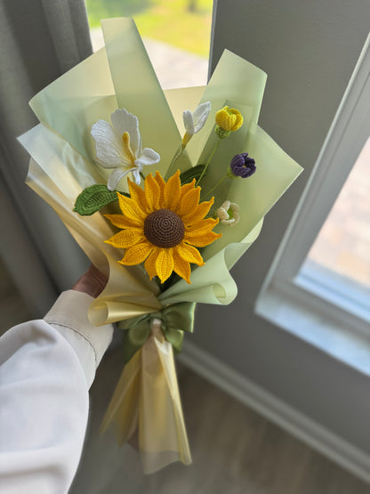Luxury Fine Yarn Crochet Sunflower Bouquet with White Ginger Lily & Wildflowers – Handmade Forever Flowers