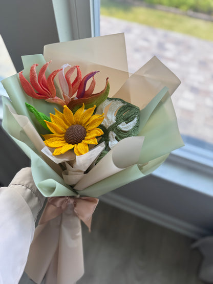 Luxury Crochet Bird of Paradise & Sunflower Bouquet with Monstera Leaf – Handmade Tropical Forever Flower Arrangement
