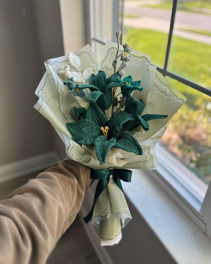 Midnight Emerald Bloom – Dark Teal Stargazer Lilies with Apricot & White Blossoms