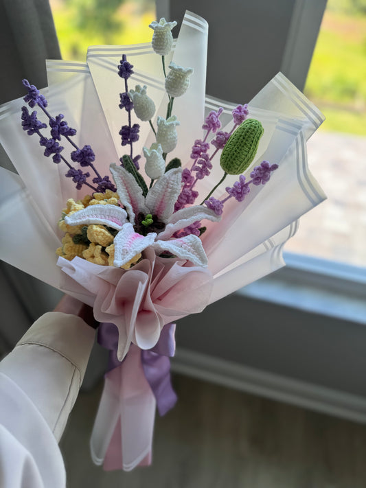 Dreamy Lavender Crochet Bouquet – Stargazer Lily with Harebell & Canterbury Bells