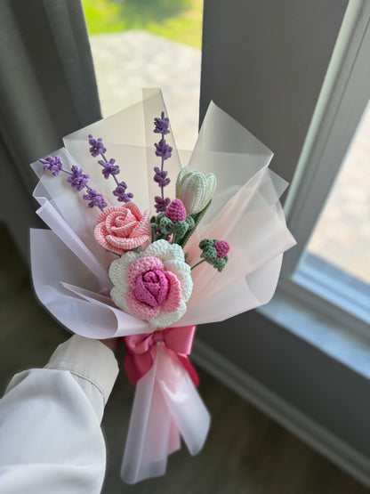 The Pastel Meadow Crochet Bouquet: Handmade Roses, Tulip, and Lavender