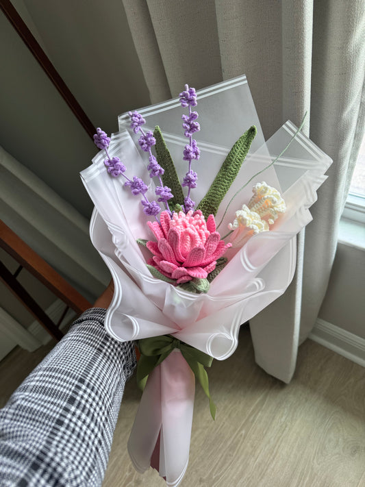 Alpine Bloom Crochet Bouquet – Pink Protea, Lavender, Peruvian Daffodil & Tulip Leaves