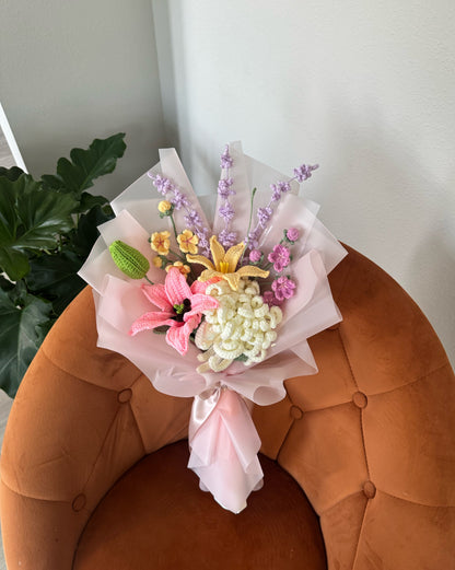 Lavender Kissed Blossoms – Pink Lily with Yellow Rain Lily & White Chrysanthemum