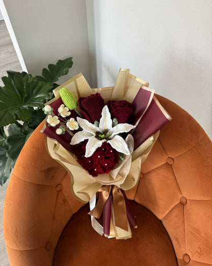 Crimson Elegance Bloom – Wine Roses with Hydrangea & White Lily Grace