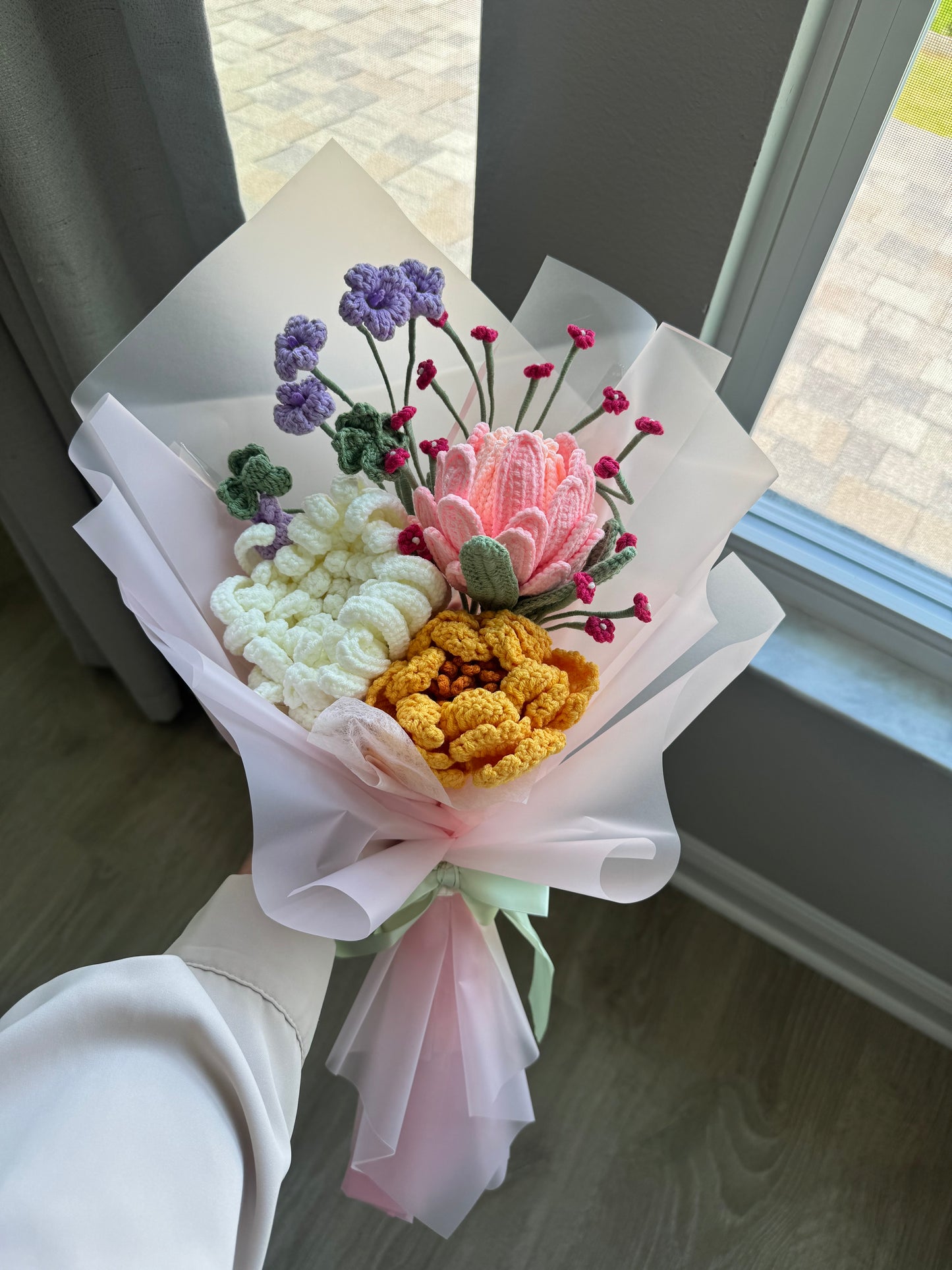 Royal Garden Crochet Bouquet – Pink Protea, Chrysanthemum, Peony & Soft Floral Mix