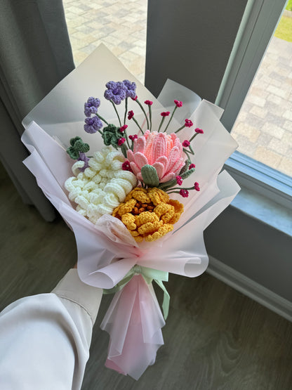 Royal Garden Crochet Bouquet – Pink Protea, Chrysanthemum, Peony & Soft Floral Mix