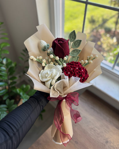Crimson Velvet Harmony Bouquet – Wine Hydrangea, Ruby Rose & Ivory Bloom Grace