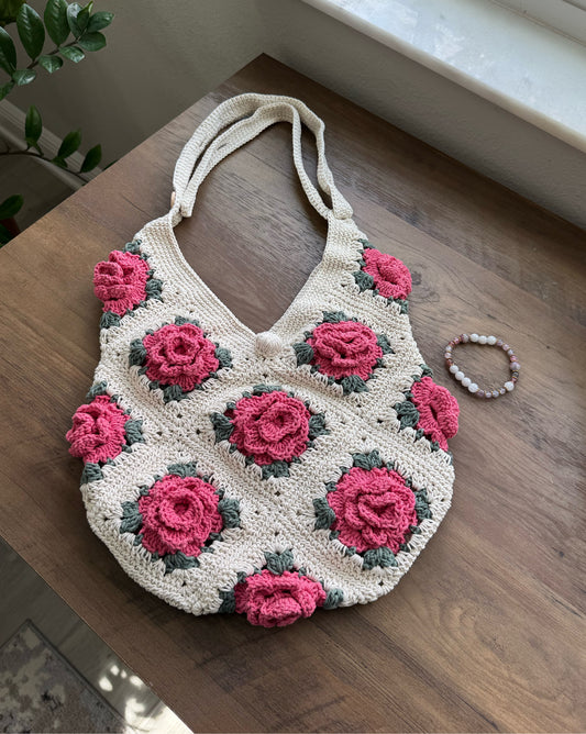 White Crochet Rose Bag – Handmade 100% Cotton Granny Square Bag with Pink Rose Detail & Adjustable Strap 🤍🌸🌹