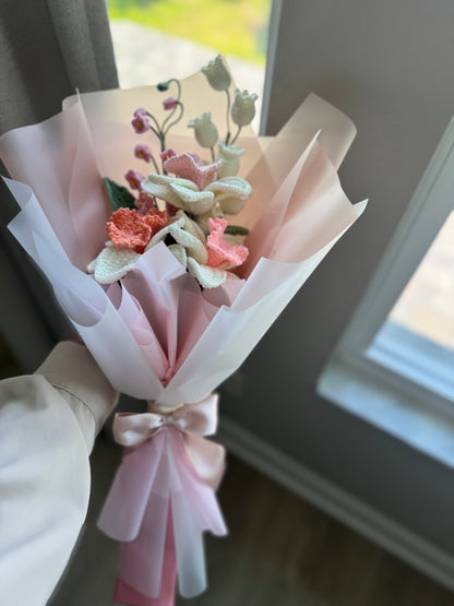 "Springtime Whispers" • Crochet Daffodil & Pink Lily of the Valley Bouquet | White Canterbury Bell Yarn Art Arrangement