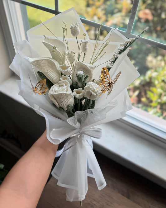 Pearl Garden Imperial Bouquet – All White Bloom & Golden Flight