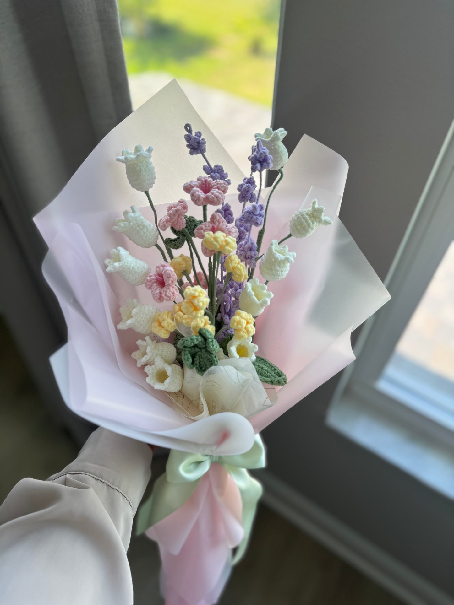Pastel Wild Garden Crochet Bouquet – Handmade Wildflowers in Pink, Purple & Soft Yellow Tones