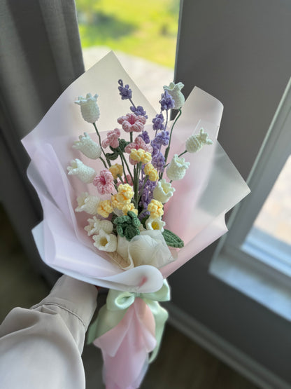 Pastel Wild Garden Crochet Bouquet – Handmade Wildflowers in Pink, Purple & Soft Yellow Tones