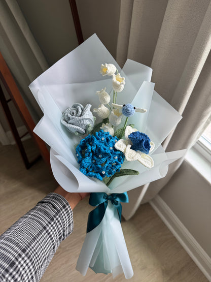 Skyborne Elegance Crochet Bouquet – Blue Hydrangea, White Daffodil & Canterbury Bell