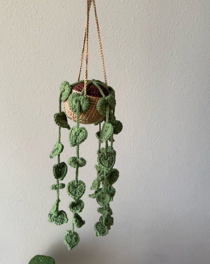 Handmade Crochet String of Hearts Hanging Plant | Faux Houseplant Home Décor