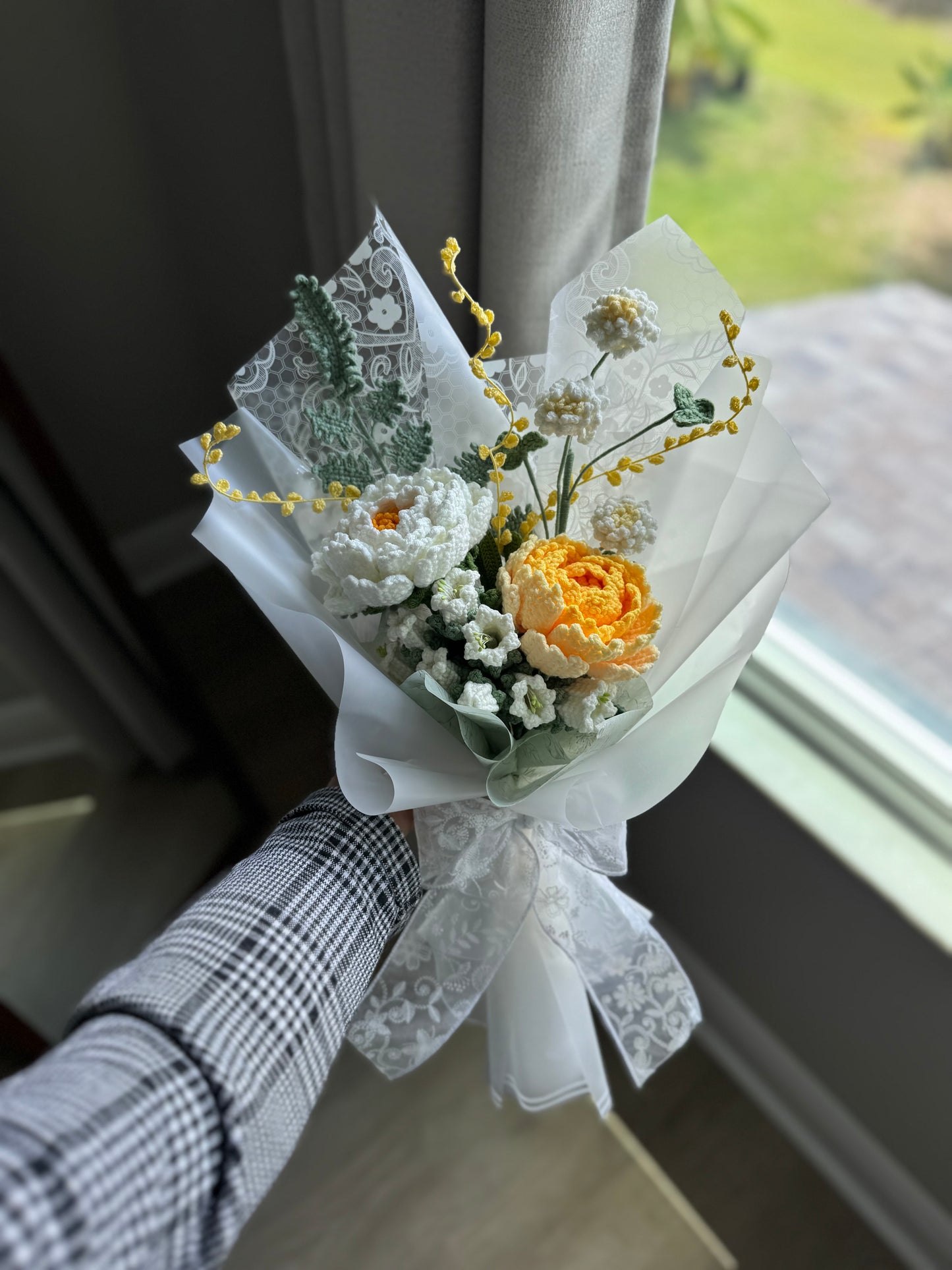 Golden Peony Morning Crochet Bouquet 🤍🌼✨