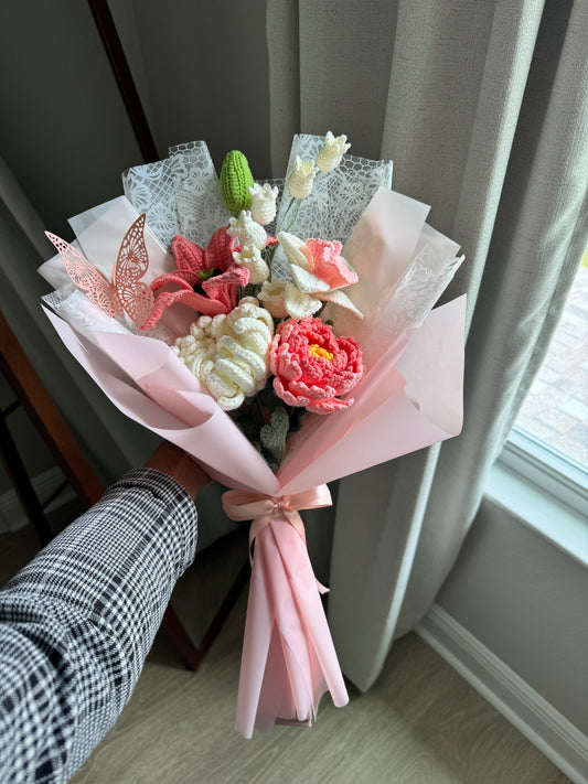 Peach Aurora Butterfly Crochet Bouquet – Coral Peony, Star Gazer Lily & White Meadow Blooms