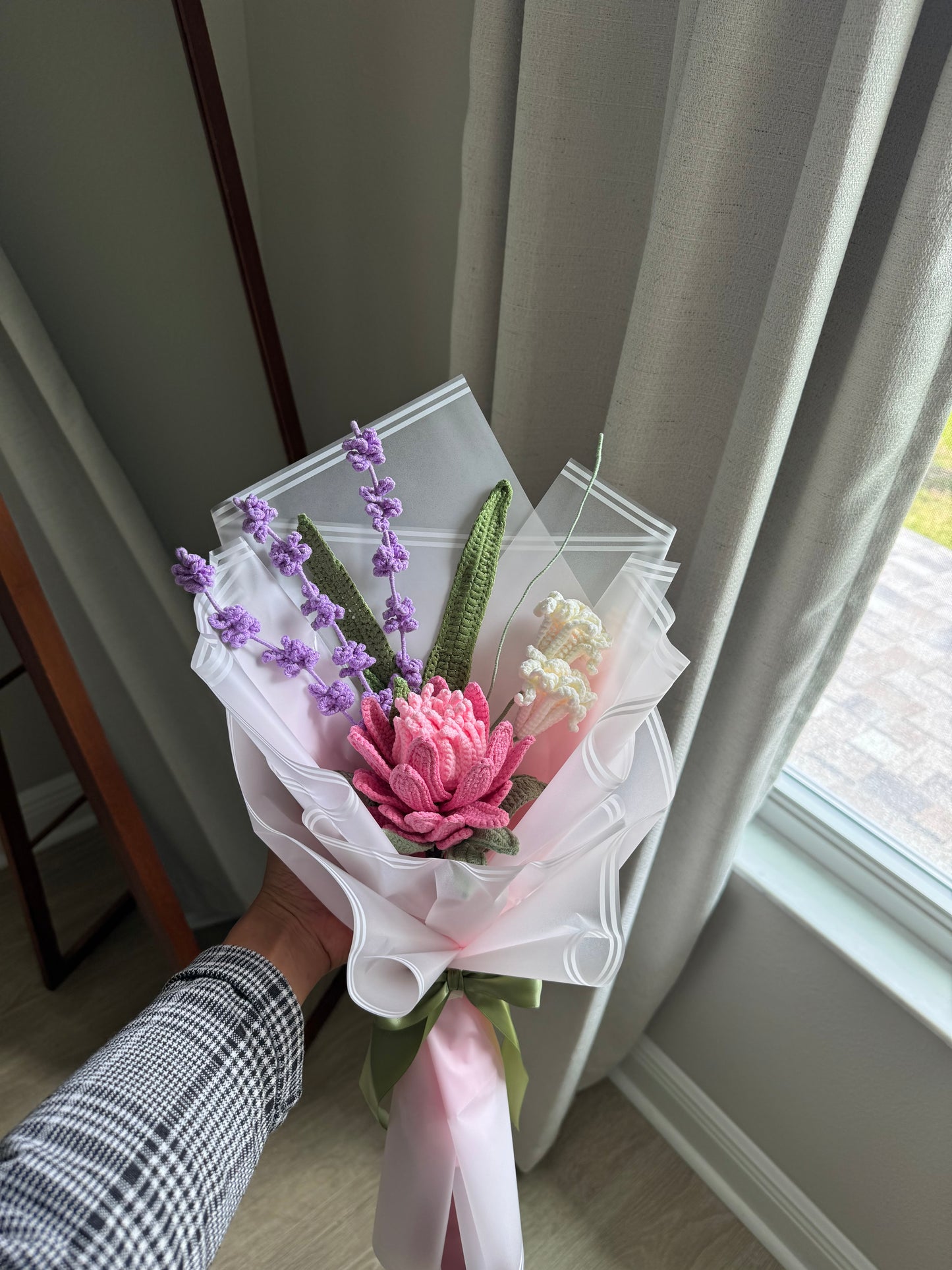 Alpine Bloom Crochet Bouquet – Pink Protea, Lavender, Peruvian Daffodil & Tulip Leaves