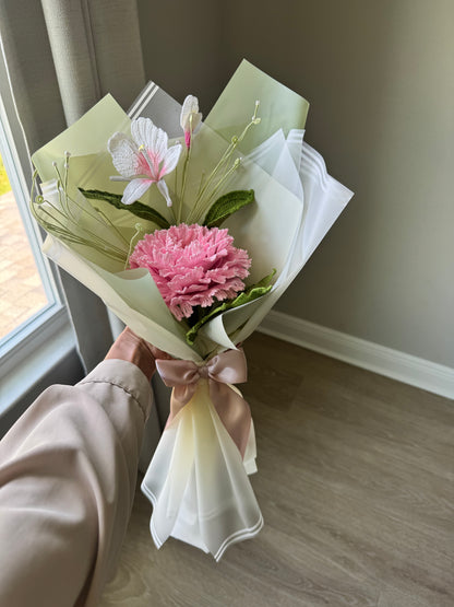 Luxury Fine Yarn Crochet Bouquet – Pink Peony, White Ginger Lily & Airy Green Vine Spray