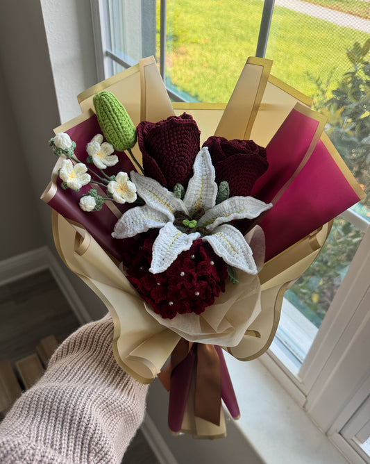 Crimson Elegance Bloom – Wine Roses with Hydrangea & White Lily Grace