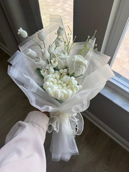 Luxury Ivory Crochet Bouquet – White Roses, Chrysanthemum, Canterbury Bells & Green Vine Spray