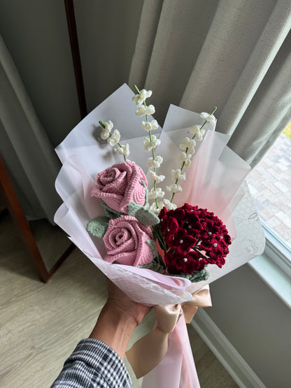 Crimson Dust Crochet Bouquet – Dusty Rose Roses, Deep Wine Hydrangea & Airy White Florals
