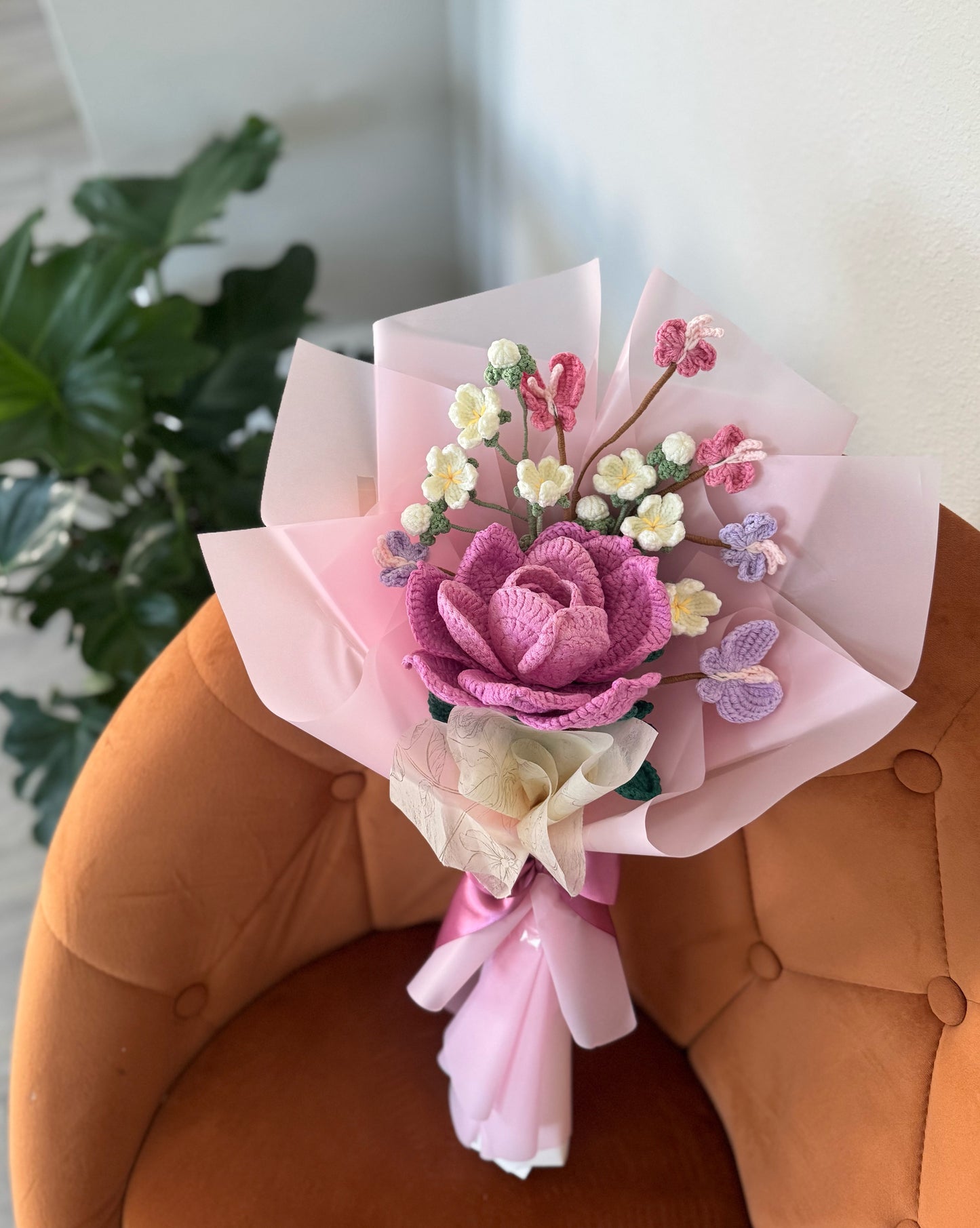 Enchanted Bloom Whisper – Large Pink Rose with White Androsace & Crochet Butterflies