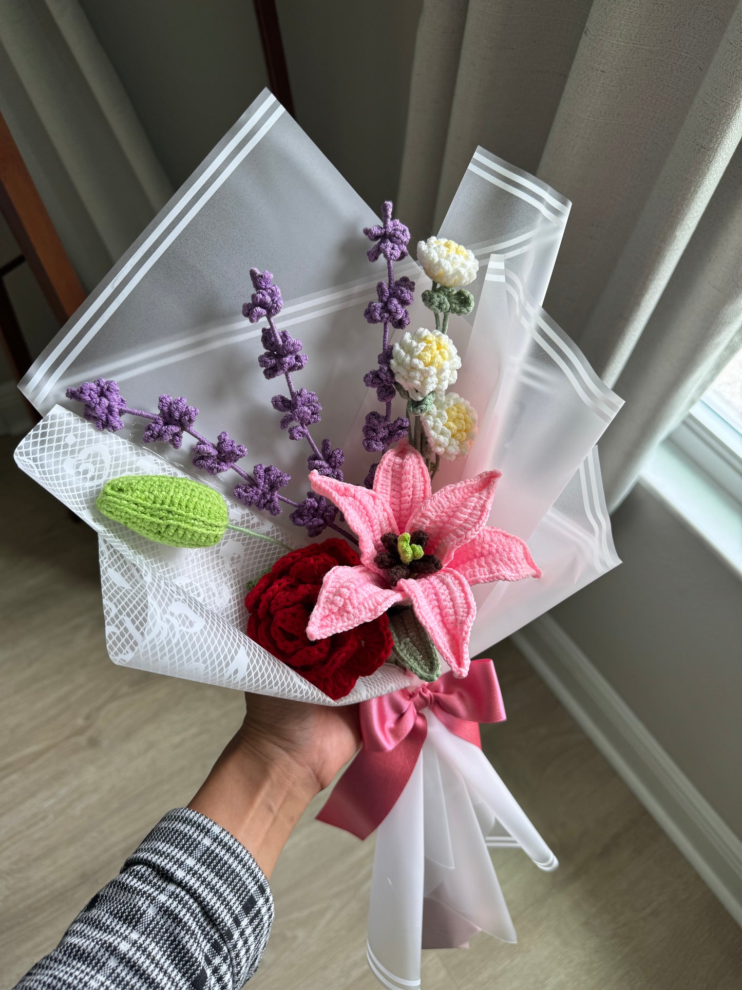 Passionate Bloom Crochet Bouquet – Pink Stargazer Lily, Red Rose & Violet Lavender Sprigs