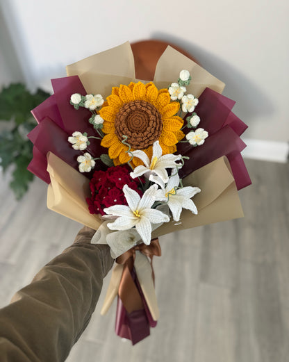 Crimson & Sunshine Symphony – Crochet Sunflower, Hydrangea & Daylilies
