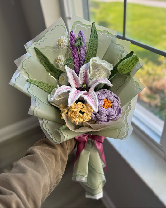 Royal Meadow Reverie – Purple Peony with White Roses, Lavender & Stargazer Lily