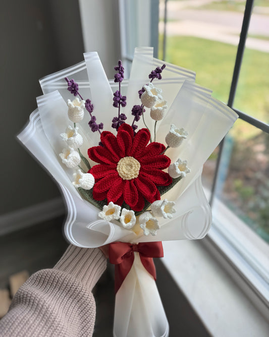 Crimson Charm Bouquet – Red Gerbera with Lavender & Canterbury Bells