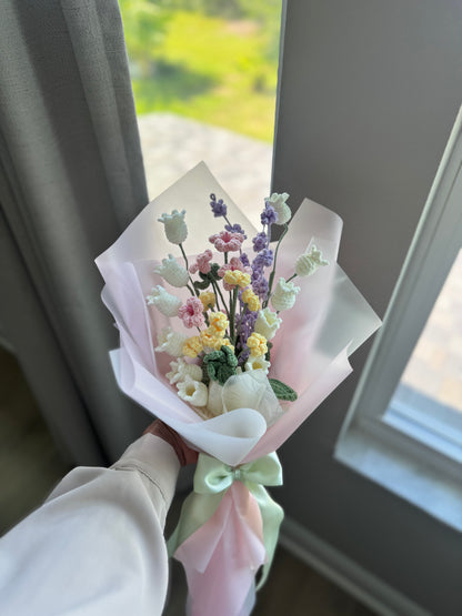 Pastel Wild Garden Crochet Bouquet – Handmade Wildflowers in Pink, Purple & Soft Yellow Tones