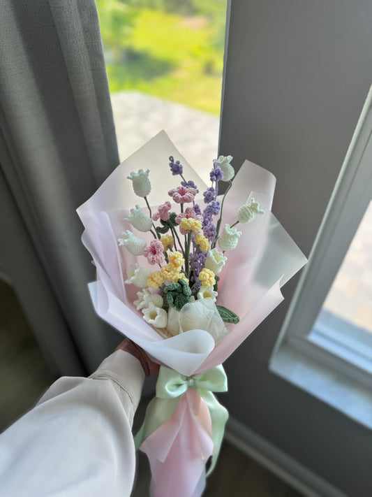 Pastel Wild Garden Crochet Bouquet – Handmade Wildflowers in Pink, Purple & Soft Yellow Tones