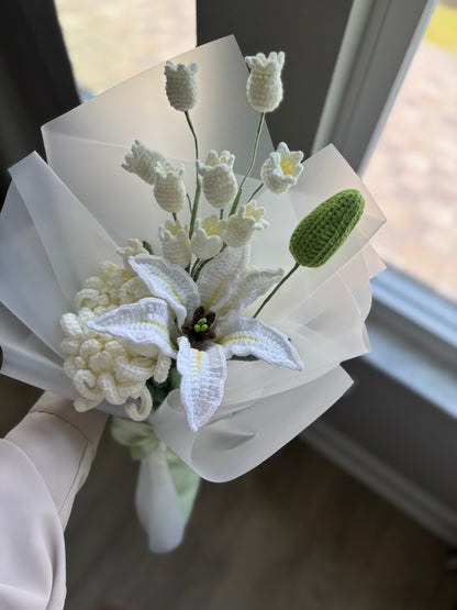 Luxury White Crochet Chrysanthemum, Stargazer Lily & Canterbury Bells Bouquet – Handmade Forever Flower Gift