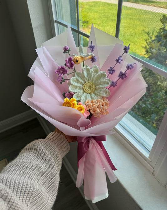 Sunlit Meadow Whispers – White Gerbera with Lavender, Daffodils & Dragonfly