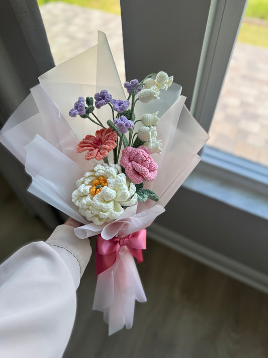Whispering Meadow Crochet Bouquet – Dahlia, Rose, Lewisia & Wild Garden Blooms