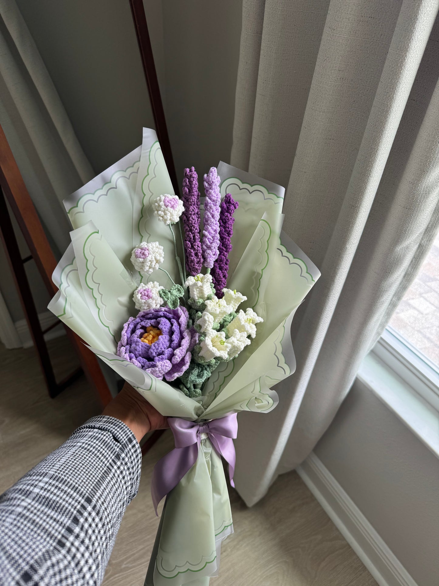 Violet Garden Crochet Bouquet – Purple Peony with Soft Lavender & White Wildflowers